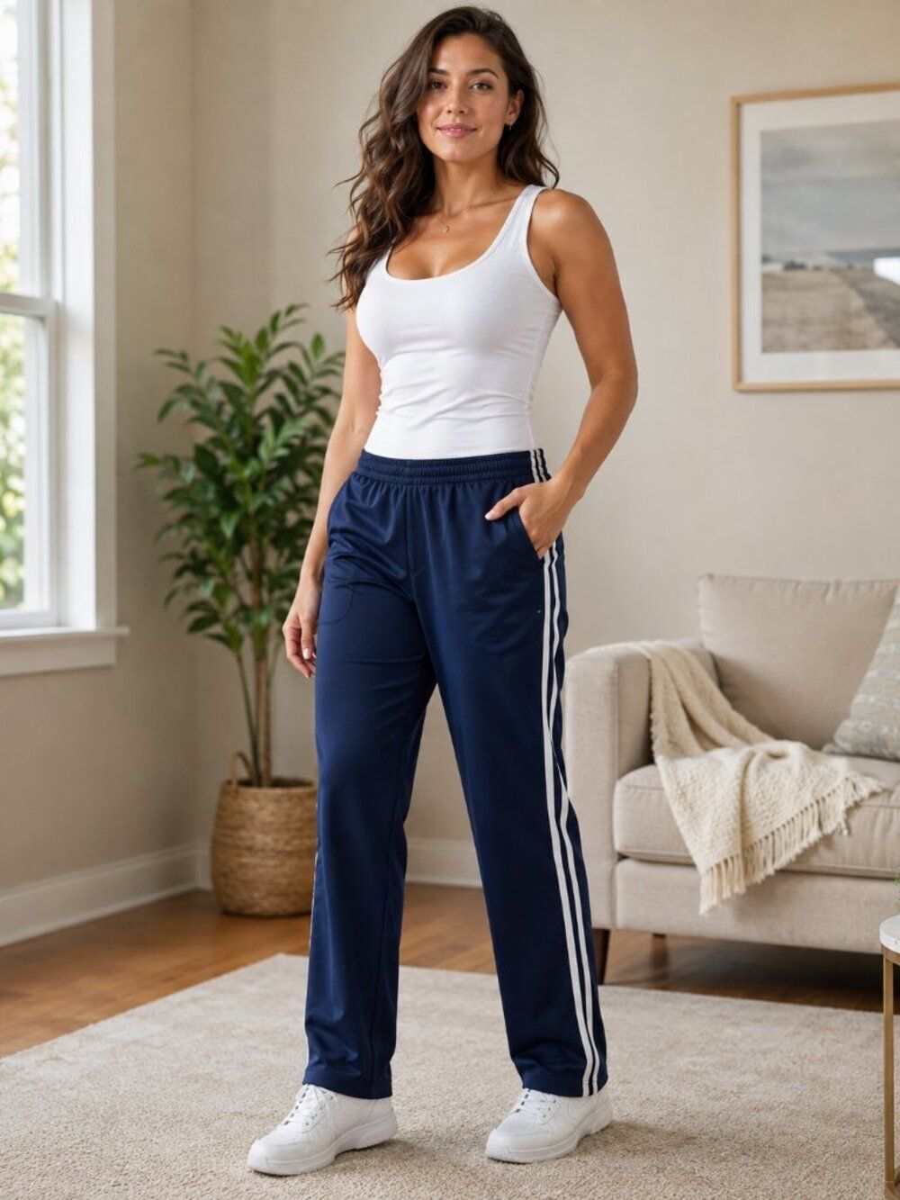 Steve and Barry’s Womens Track Pants Navy Blue w White Double Stripe Size Large